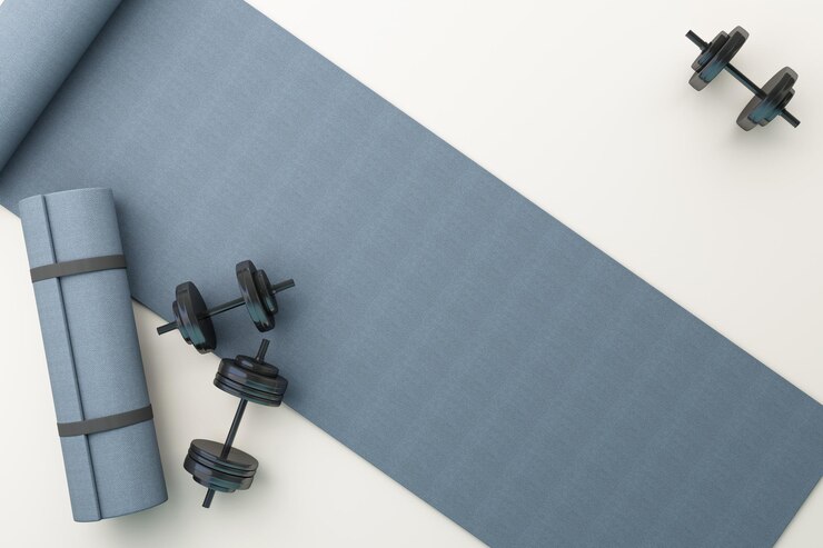 3D render illustration sport fitness equipment male and female concept yoga mat bottle of water dumbbells weights with isolate on pastel background 3d render