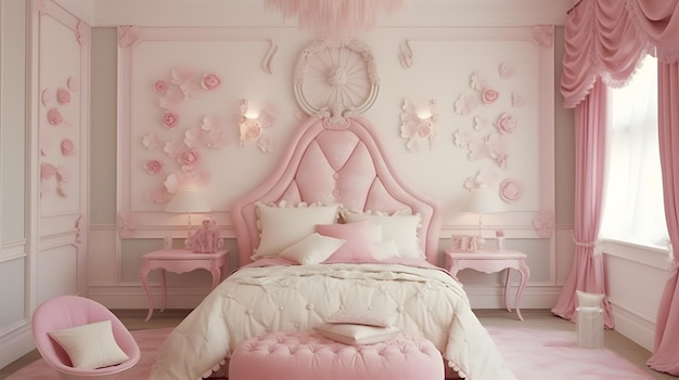 3d render interno camera da letto rosa con letto rosa e fiori rosa