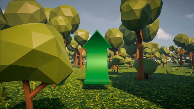 3D Render low Polygon una freccia verde per mostrare una direzione con l'ambiente sullo sfondo