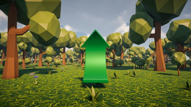 3D Render low Polygon una freccia verde per mostrare una direzione con l'ambiente sullo sfondo