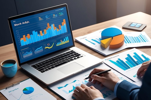 3d render marketing analytics e illustrazione di sviluppo che partecipano alle attività commerciali