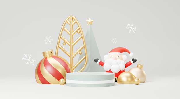 3d Render Merry Christmas Podio piattaforme scena decorare con albero di Natale regali palla e fiocchi di neve nel tema della stagione invernale Abstract minimo piedistallo prodotto display Festivel Xmas