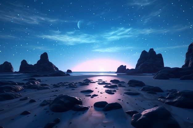 3D Render Midnight Beachscape