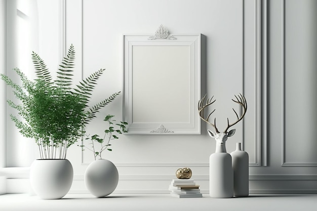 3d render mockup cornice immagine vuota su parete bianca soggiorno interni in stile boho IA generativa