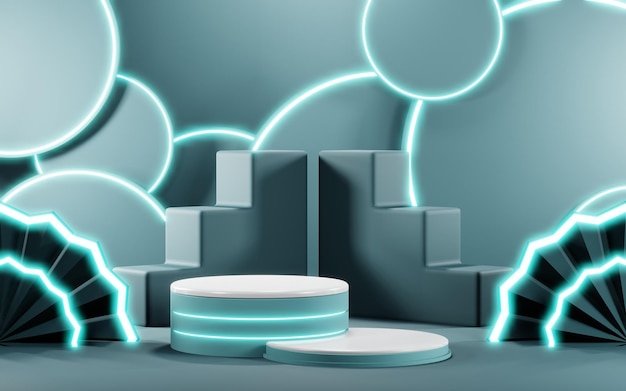 3D render of Podium background in blue tones for displaying cream products cosmetics