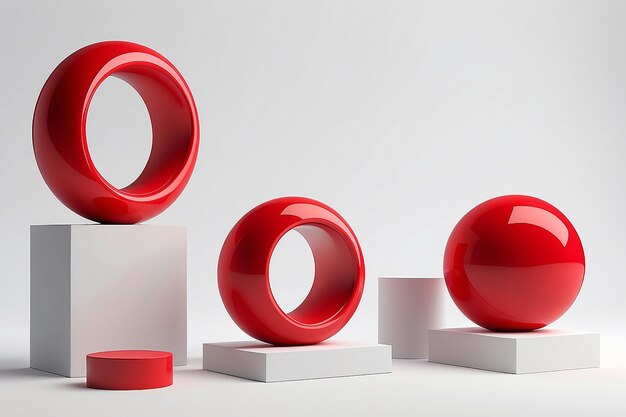 3D render of red simple abstract geometric figures isolated on white background Blank minimal design concept Stage for awards ceremony on website in modern shape