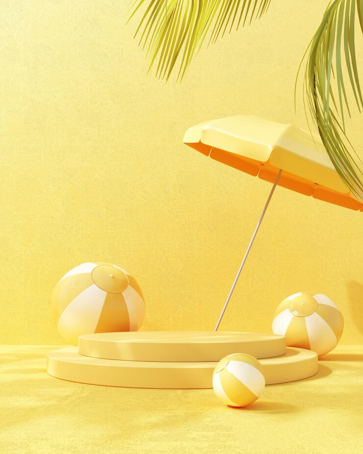3D render of summer podium showcases with beach balls and an umbrella on yellow background