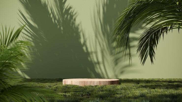 3d render of summer podiume in green grass with tropical palm branches and shadows