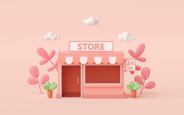 3D render piccolo minimarket su sfondo rosa chiaro