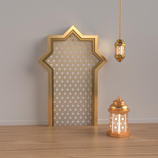 3D render podio islamico per eid al fitr ramadhan adha con stella ketupat latern gold style