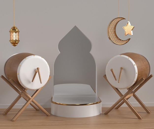 3D render podio islamico per eid al fitr ramadhan adha con stella ketupat latern gold style