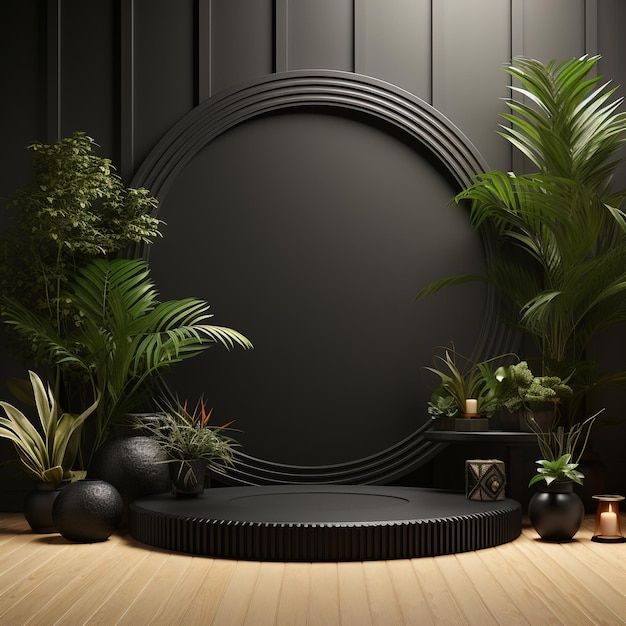 3d Render podio nero con sfondo studio e decorazione vegetale