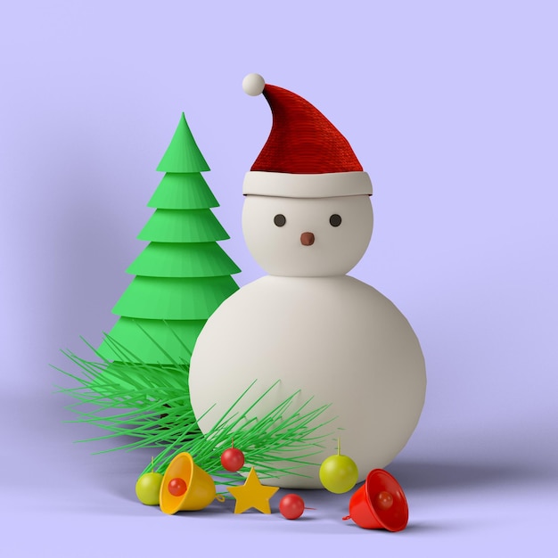 3D render pupazzo di neve e pino per natale