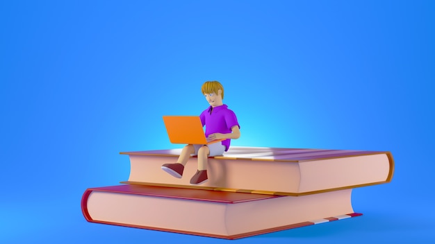 3D render ragazzo con il suo computer seduto in cima a una pila di libri isolati su sfondo blu