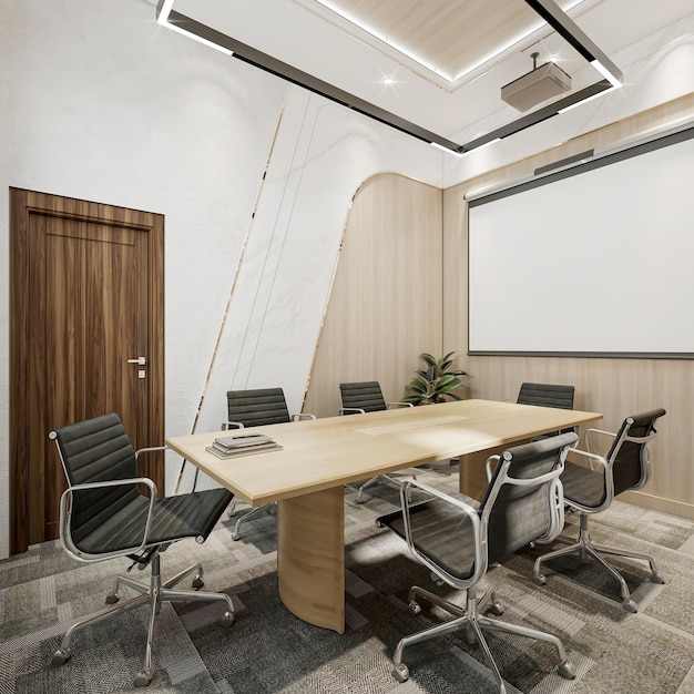 3d render sala conferenze con un grande schermo e un tavolo in legno con sedie e un tavolo con sedie