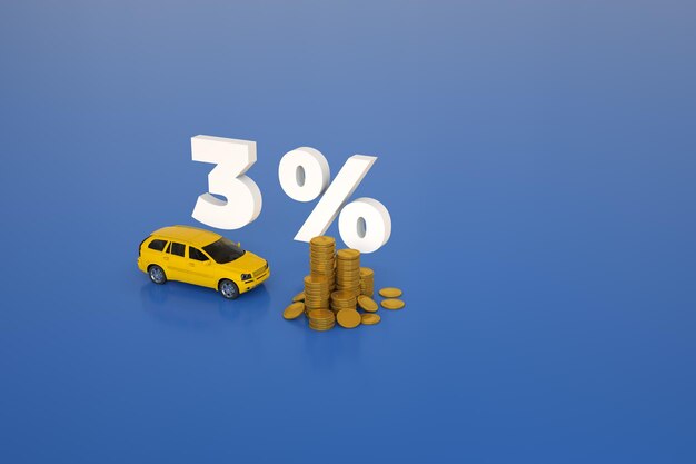 3D render scena isometrica 3 per cento. Sconto percentuale 3D isometrica. Sfondo di vendita