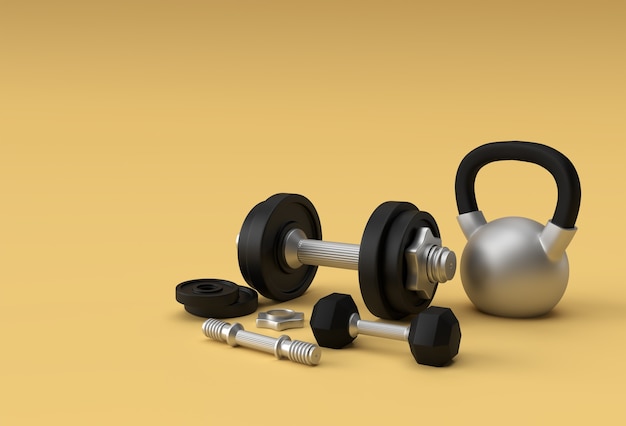 3D Render Set di manubri, realistico dettaglio vista ravvicinata isolato Sport elemento di Fitness Dumbbell Design.