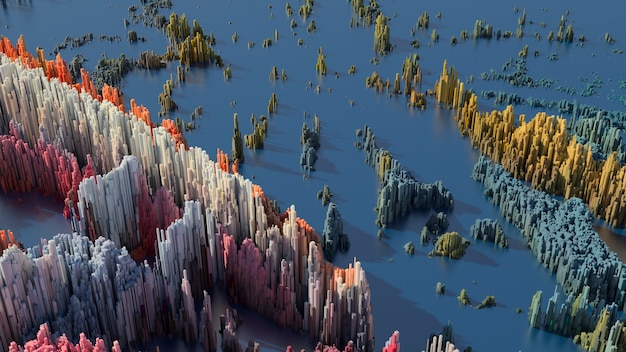 3D render sfondo astratto con struttura complessa fatta di array di geometria verticale. Concetto di visualizzazione dei dati.