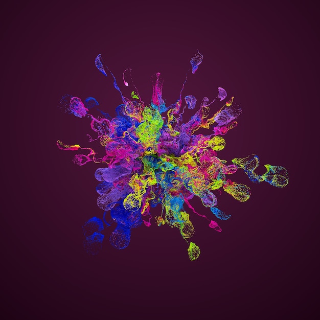 3D render sfondo con particelle astratte. Turbolenze e particelle arricciate. Simulazione complessa. Multicolore.