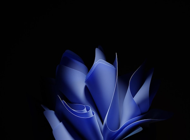 3d render sfondo geometrico astratto con tessuto a strati blu piegato in forma fiore moda carta da parati con strati di carta e pieghe design minimale isolato su sfondo nero effetto multistrato