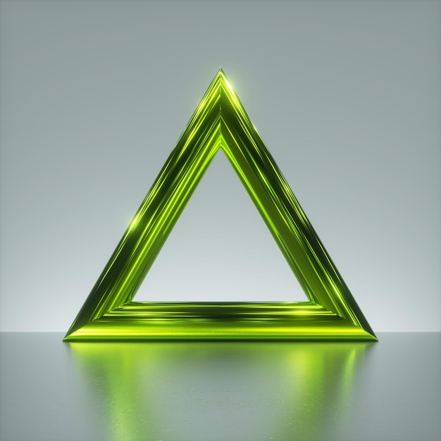 3d render shiny metallic green triangle abstract primitive geometrical shape triangular frame