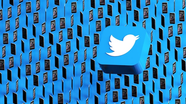 3d Render Social Media twitter in una folla di telefoni cellulari