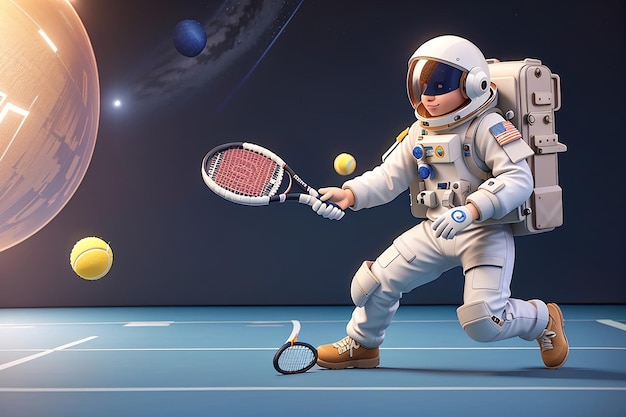 3d Render Spaceman Astronauta che gioca a tennis Disegno di illustrazione 3d