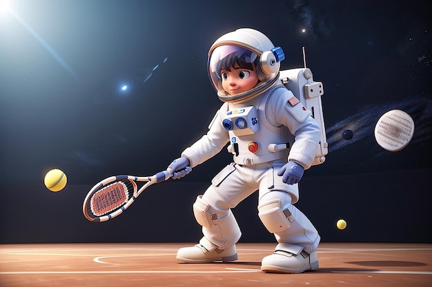 3d Render Spaceman Astronauta che gioca a tennis Disegno di illustrazione 3d