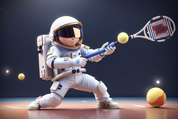 3d Render Spaceman Astronauta che gioca a tennis Disegno di illustrazione 3d