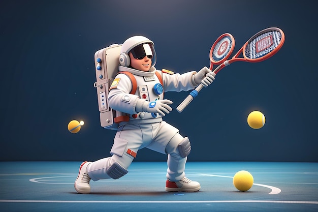 3d Render Spaceman Astronauta che gioca a tennis Disegno di illustrazione 3d