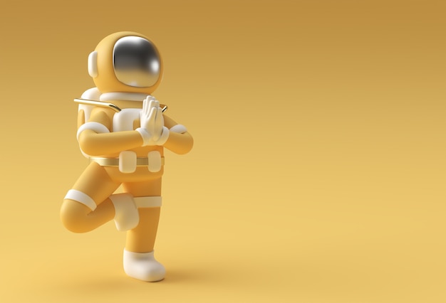 3D Render Spaceman astronauta in piedi un grato Namaste Yoga posa 3d illustrazione Design.