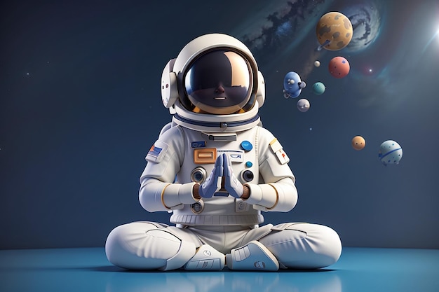 3d Render Spaceman Astronauta in piedi una grata Namaste Yoga Pose 3d illustrazione Design