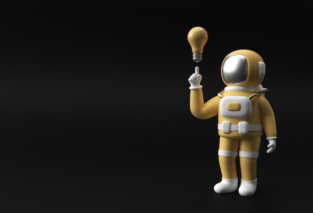 3d Render Spaceman Astronauta Mano che punta il dito Idea di luce Lampadina Gesto 3d illustrazione Design.