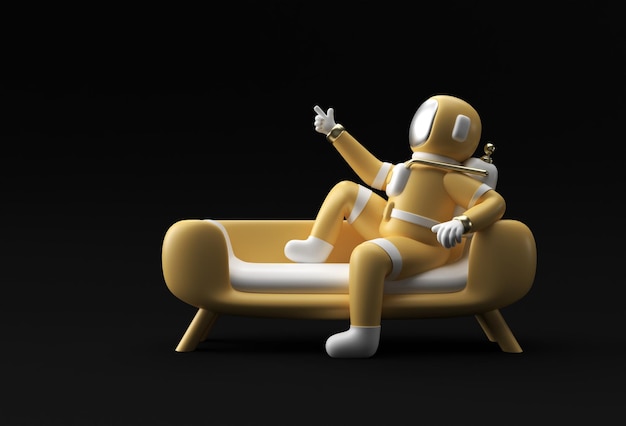 3D Render Spaceman astronauta seduto sul divano con Flying Rocket 3d illustrazione Design.