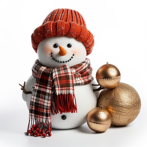 3D render un pupazzo di neve con guanti rossi cappello e sciarpa isolato su uno sfondo bianco