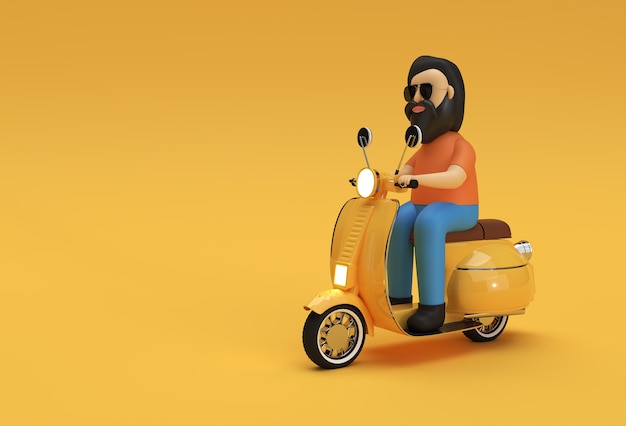 3D Render uomo che guida il motorino vista laterale su uno sfondo giallo.