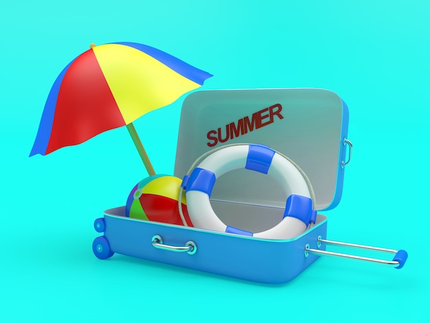 3D render valigia blu con testo estate, ombrello, palla e salvagente all'interno su sfondo blu