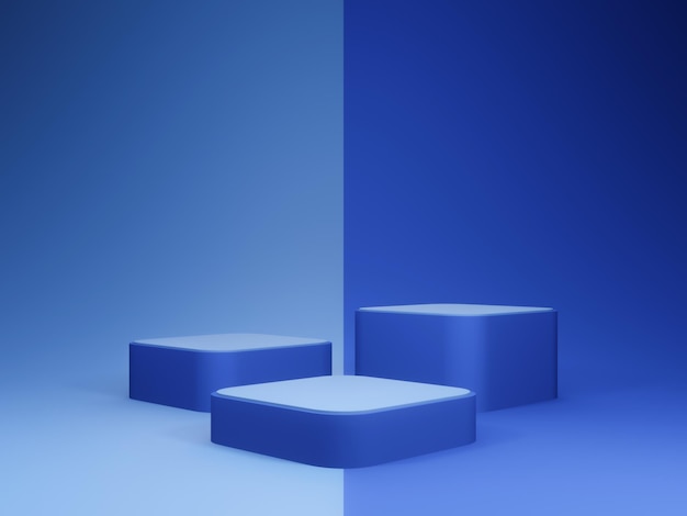 3D rendered blue geometric stage podium. Stand mockup.