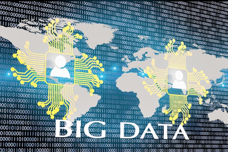 Photo 3d rendered illustration of computer chips men and world map icons with big data concept