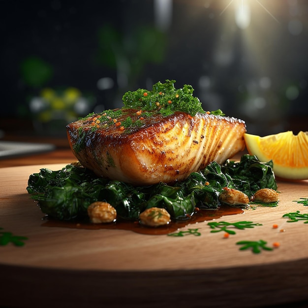 3d rendered Savory Delight White Fish Fillet Steak con Verdi