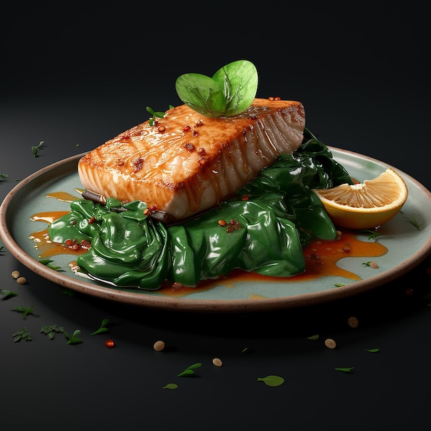 3d rendered Savory Delight White Fish Fillet Steak con Verdi