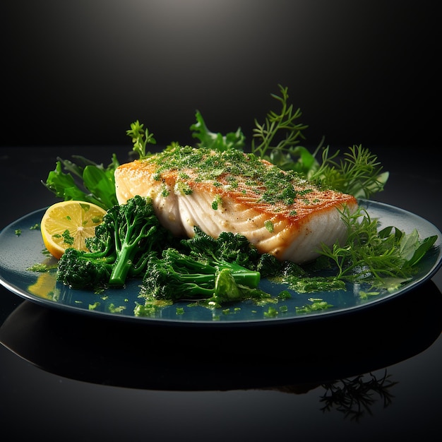 3d rendered Savory Delight White Fish Fillet Steak con Verdi