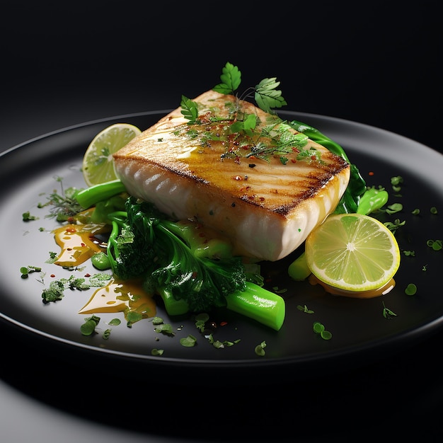 3d rendered Savory Delight White Fish Fillet Steak con Verdi