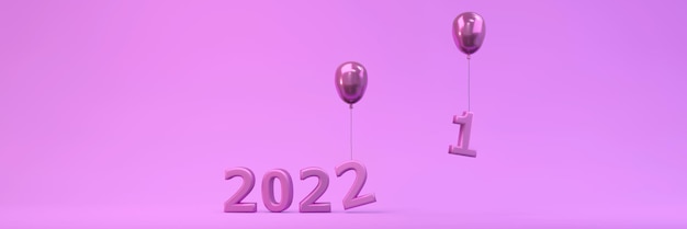 3D Rendering 2022 palloncino decorazione velluto viola che prende il numero 1 e mette il numero 2 invece del concetto di sfondo per le vacanze di felice anno nuovo. Illustrazione di rendering 3D.