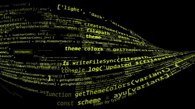 3D rendering abstract code in the virtual space. The computer code is bent in the form of a tape