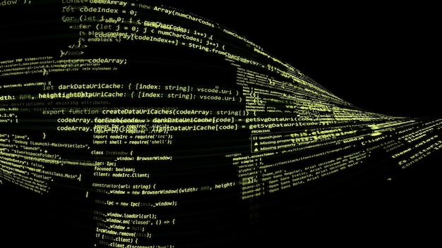 3D rendering abstract code in the virtual space. The computer code is bent in the form of a tape
