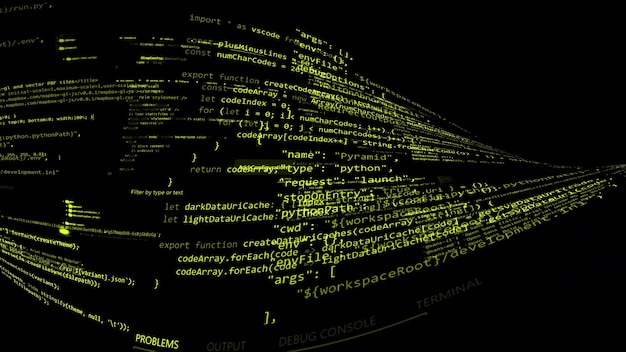 3D rendering abstract code in the virtual space. The computer code is bent in the form of a tape