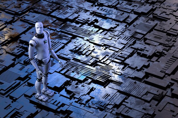 3d rendering android robot with metallic floor background