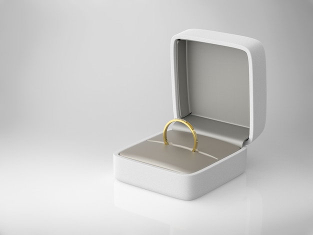 3D rendering anello di diamanti in scatola bianca su sfondo bianco