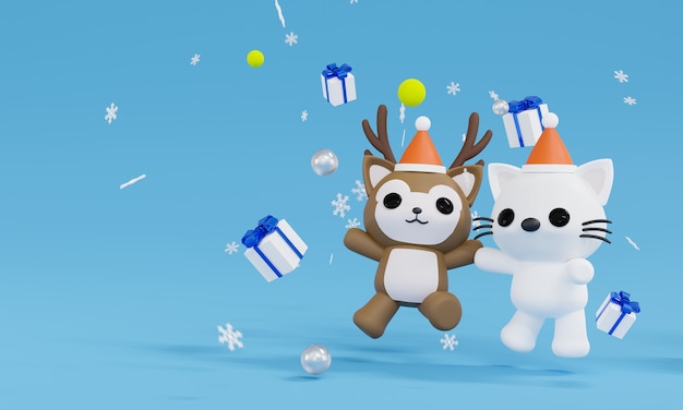 3D rendering animale salto e felice con quattro giftbox e fiocco di neve